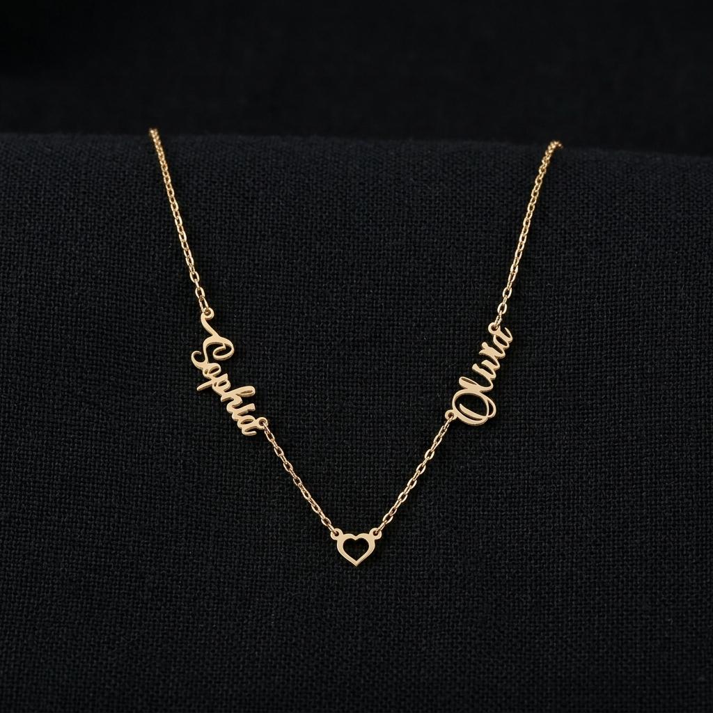 Double Name Necklace, Custom Two Name Heart Pendant, Personalized Couples Necklace, Sterling Silver Gift for Wife Mom