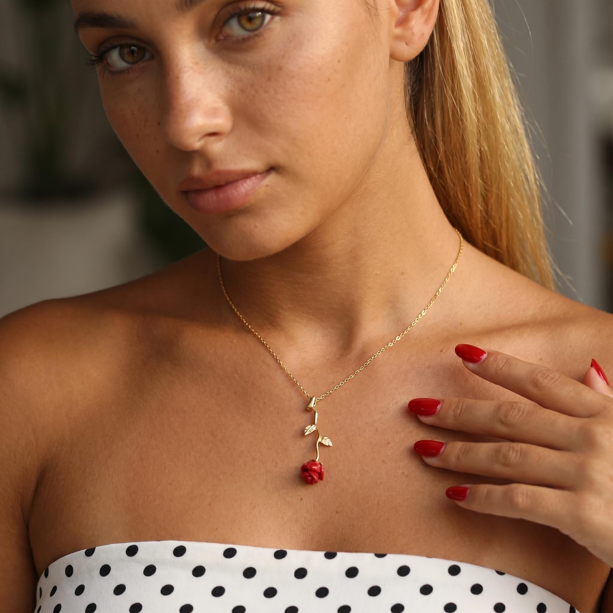 Red Rose Necklace, Dainty Rose Pendant, Gold Flower Charm Jewelry, Romantic Floral Necklace, Valentine Birthday Gift For Her Women