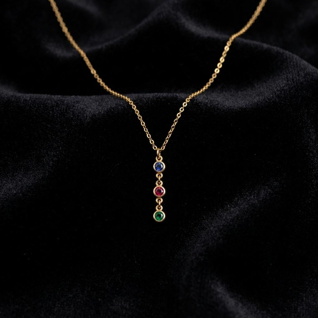 Personalized Birthstone Bar Necklace, Custom Three Stone Pendant, Dainty Gold Gemstone Jewelry, Birthday Gift For Her Women Gift