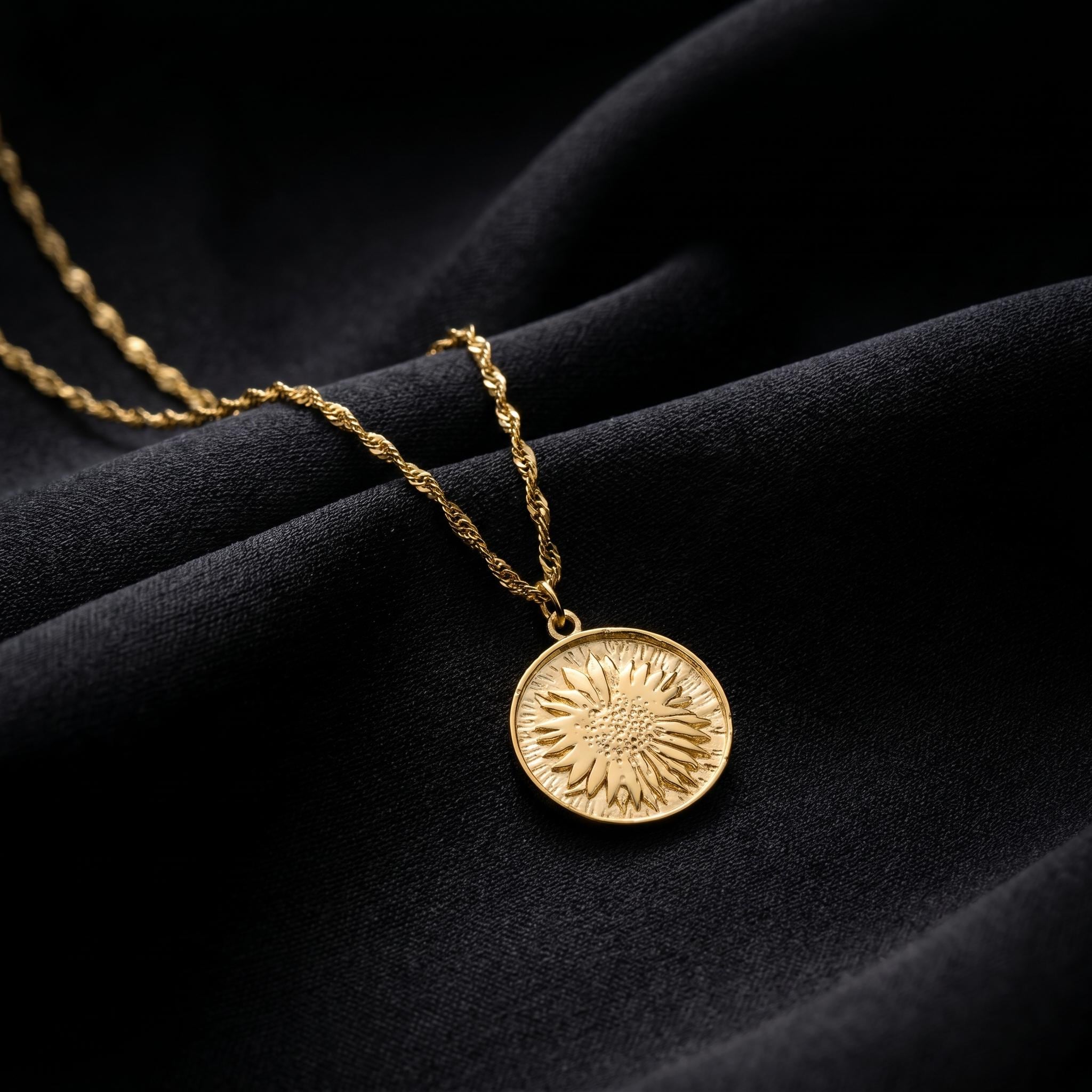 Sunflower Coin Necklace, Dainty Gold Flower Pendant, Round Floral Charm Jewelry, Minimalist Nature Necklace, Birthday Gift For Her