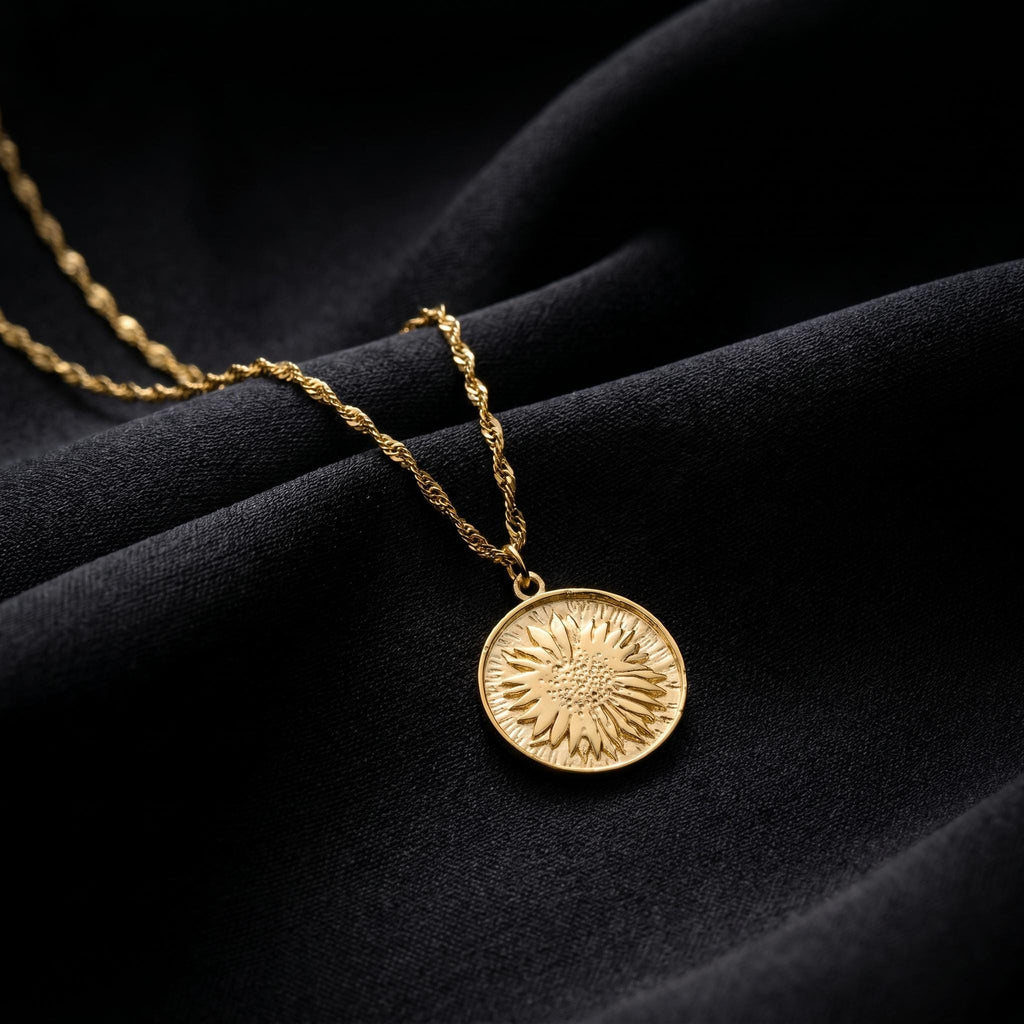 Sunflower Coin Necklace, Dainty Gold Flower Pendant, Round Floral Charm Jewelry, Minimalist Nature Necklace, Birthday Gift For Her
