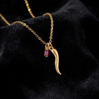 Personalized Birthstone Horn Necklace, Custom Cornicello Pendant, Dainty Gold Good Luck Charm Jewelry, Birthday Gift For Her