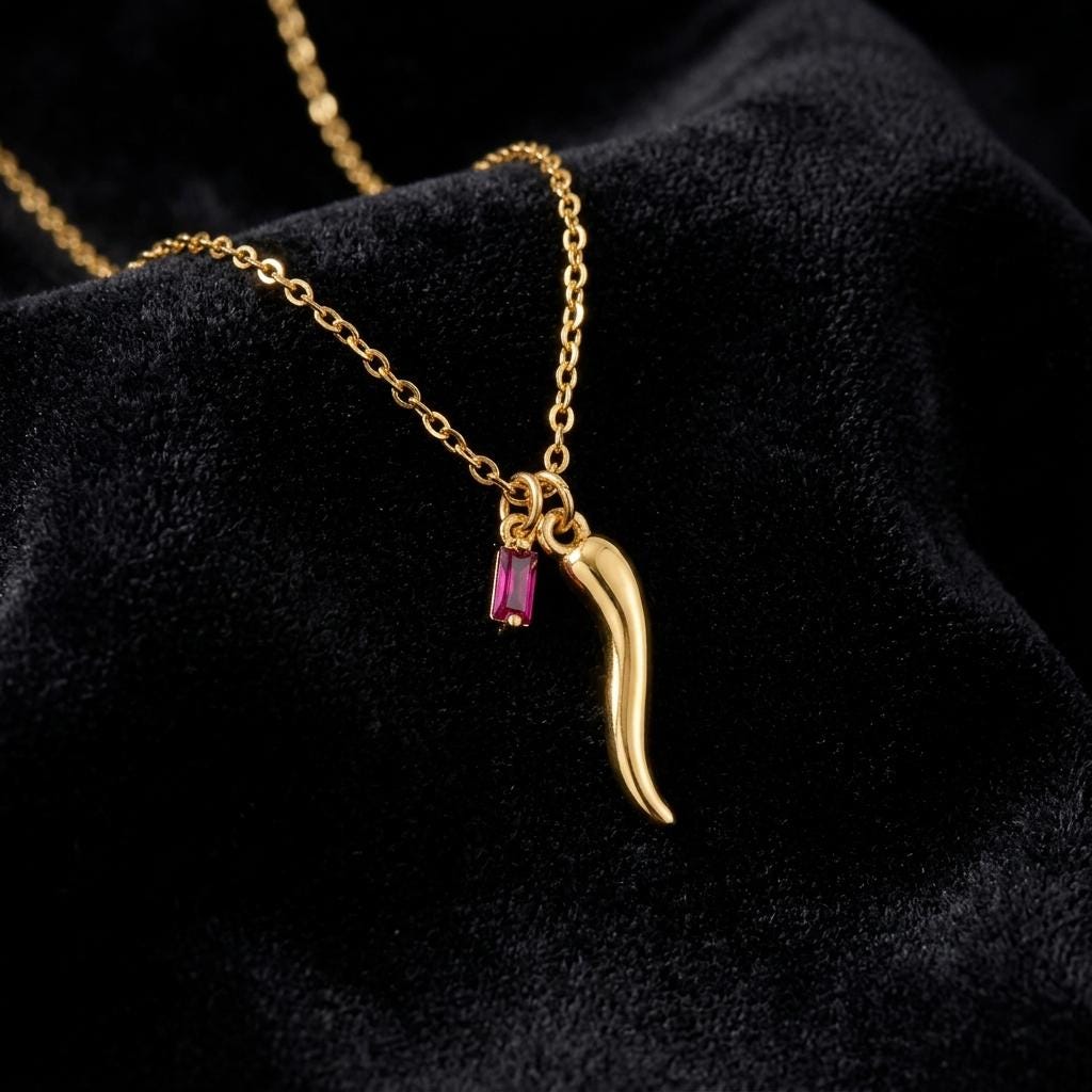 Personalized Birthstone Horn Necklace, Custom Cornicello Pendant, Dainty Gold Good Luck Charm Jewelry, Birthday Gift For Her