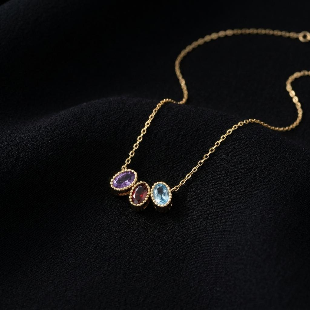 Personalized Multi Birthstone Necklace, Custom Family Birth Month Pendant, Dainty Gold Oval Gemstone Jewelry, Mom Birthday Gift For Her
