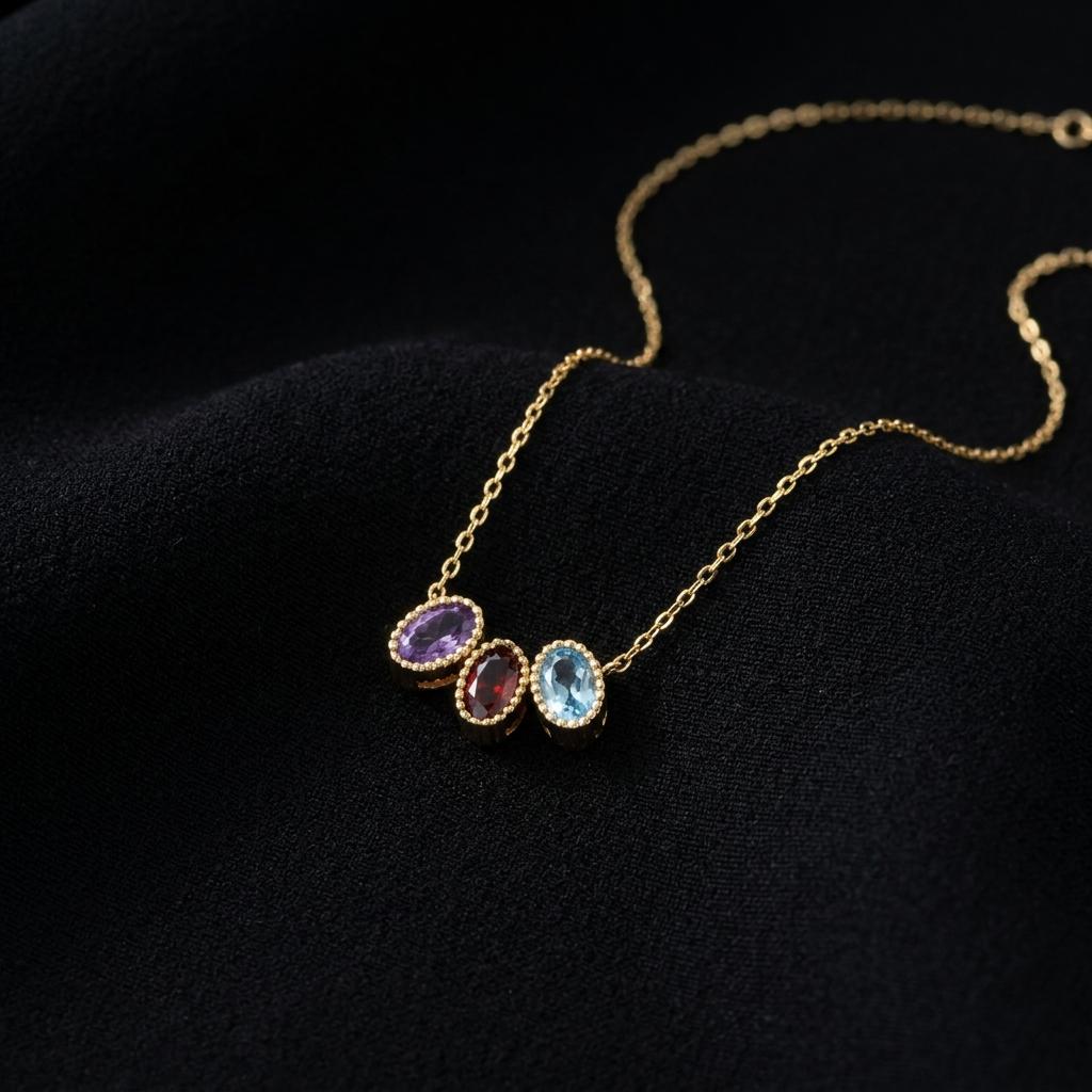 Personalized Multi Birthstone Necklace, Custom Family Birth Month Pendant, Dainty Gold Oval Gemstone Jewelry, Mom Birthday Gift For Her