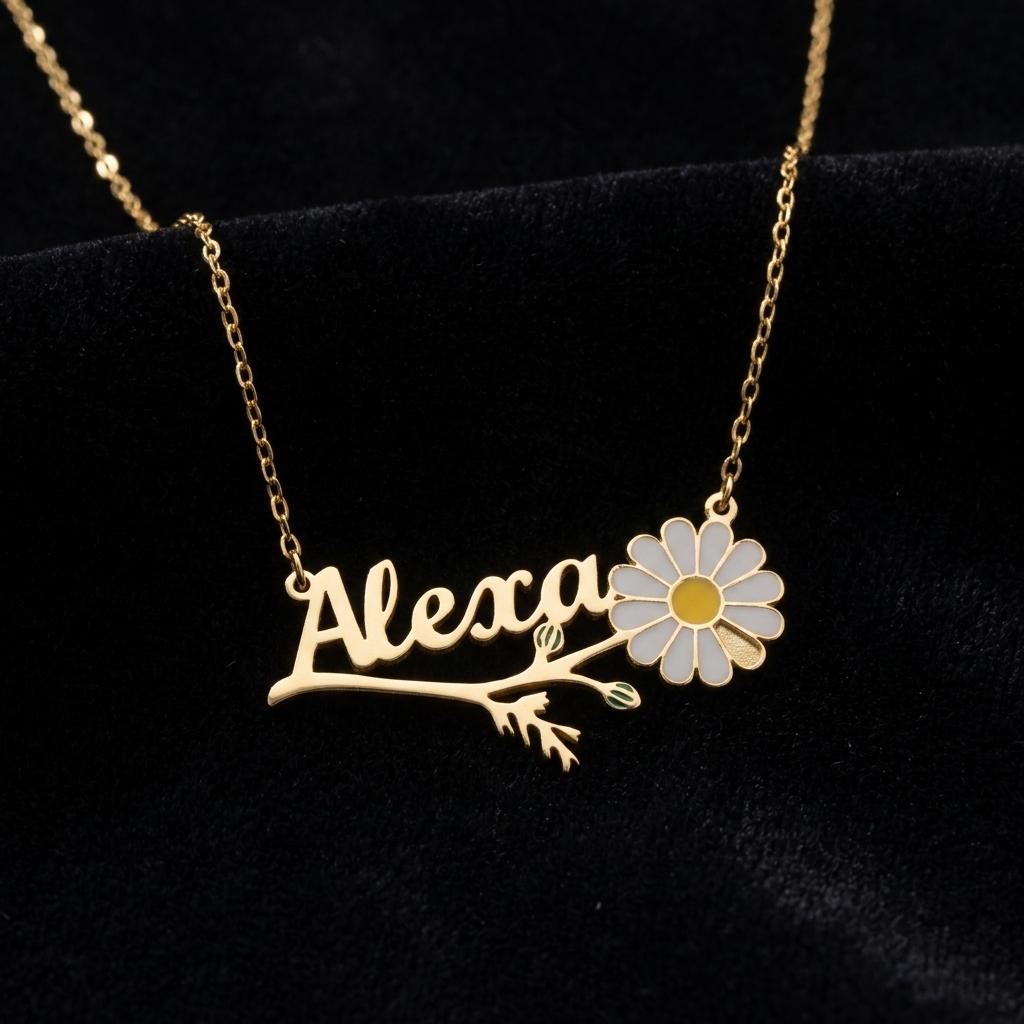 Personalized Daisy Name Necklace, Custom Floral Name Necklace, Daisy Flower Jewelry, Cute Personalized Gift For Women Her