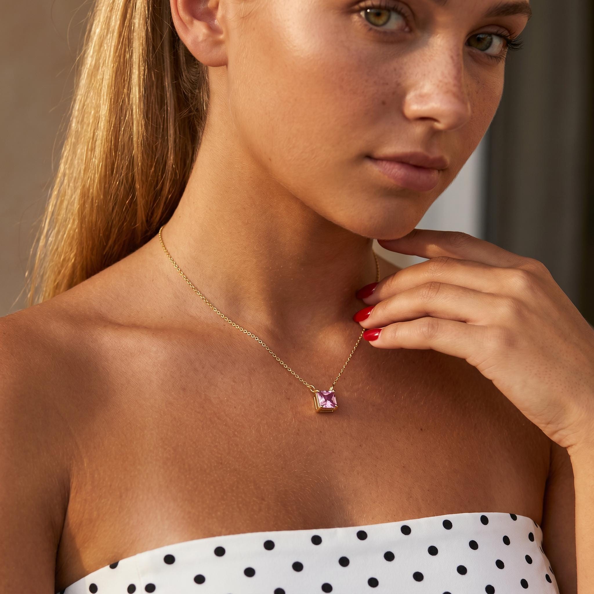 Personalized Square Birthstone Necklace, Custom Birth Month Charm Pendant, Dainty Gold Gemstone Jewelry, Mom Birthday Gift For Her