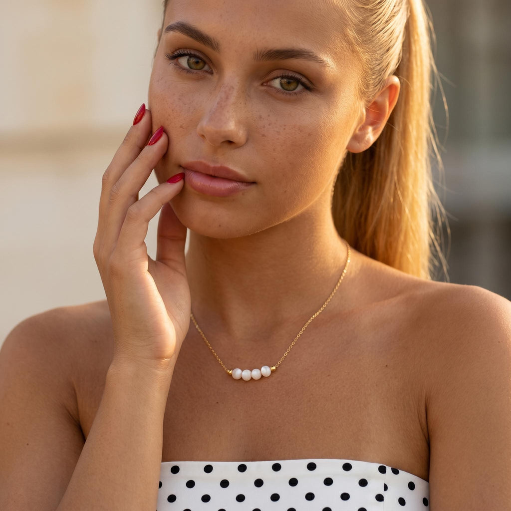 White Bead Necklace, Dainty Pearl Choker, Minimalist Beaded Necklace,925 Silver, 14K Gold Layering Jewelry, Everyday Gift for Her