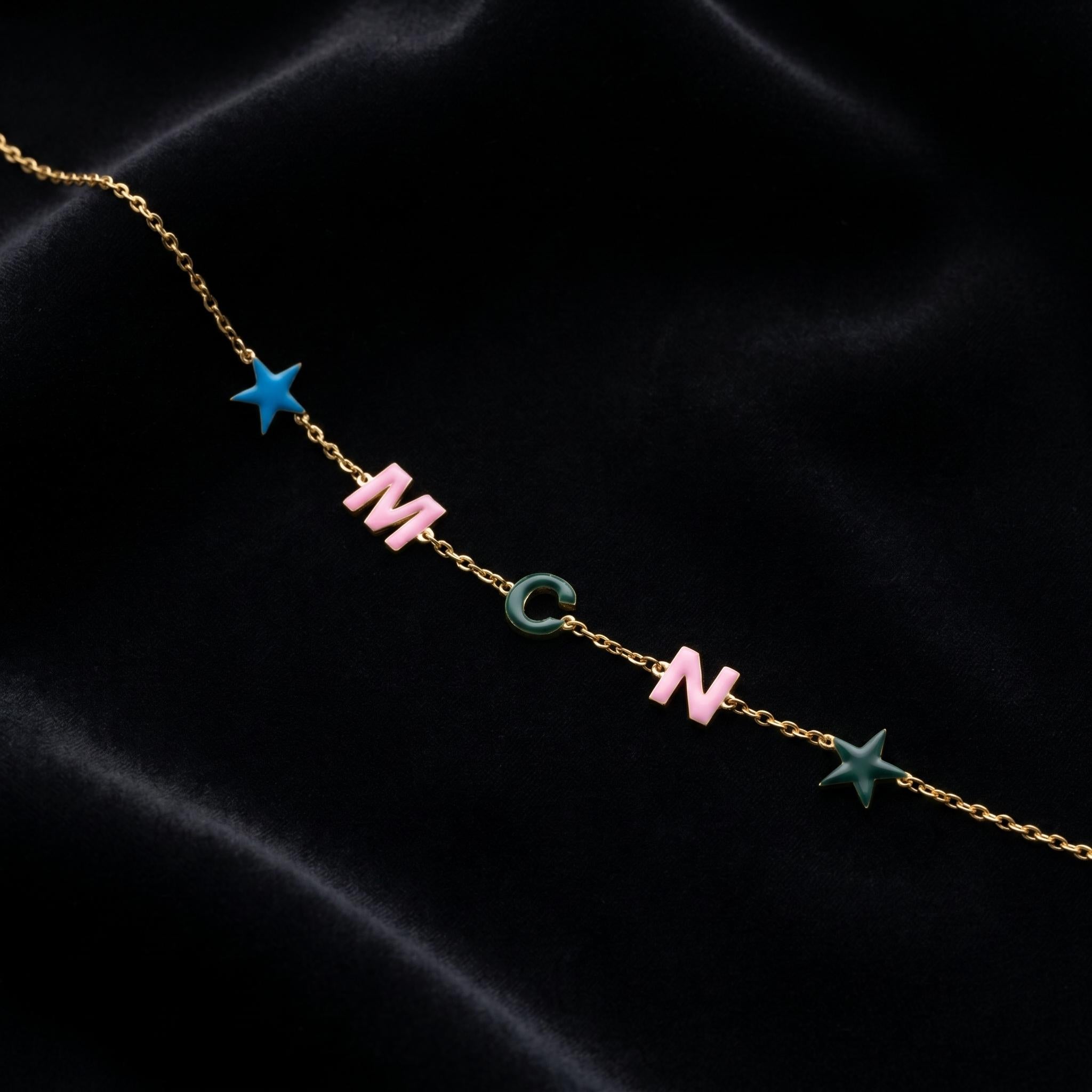 Personalized Initial Bracelet, Custom Colorful Letter Bracelet, Star Charm Jewelry, Dainty 925 Silver 14K Gold Plated Gift for Her