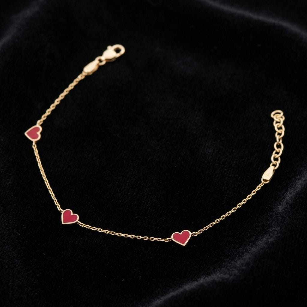 Red Heart Bracelet, Dainty Enamel Heart Chain Bracelet, Romantic Love Charm Jewelry, 925 Silver 14K Gold Plated Gift for Her