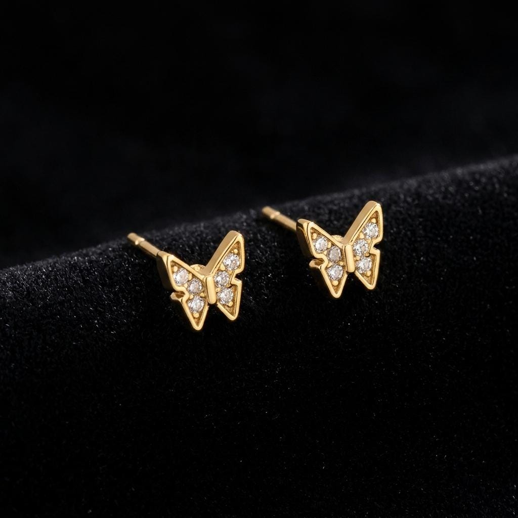 Dainty Butterfly Stud Earrings, Sparkle Butterfly Earrings, Minimalist Insect Charm Jewelry, 925 Silver 14K Gold Plated Gift for Her