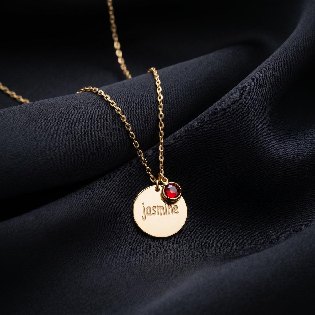 Personalized Name Birthstone Necklace, Custom Round Disc Pendant, Dainty Engraved Name Charm Jewelry, Meaningful Birthday Keepsake Gift