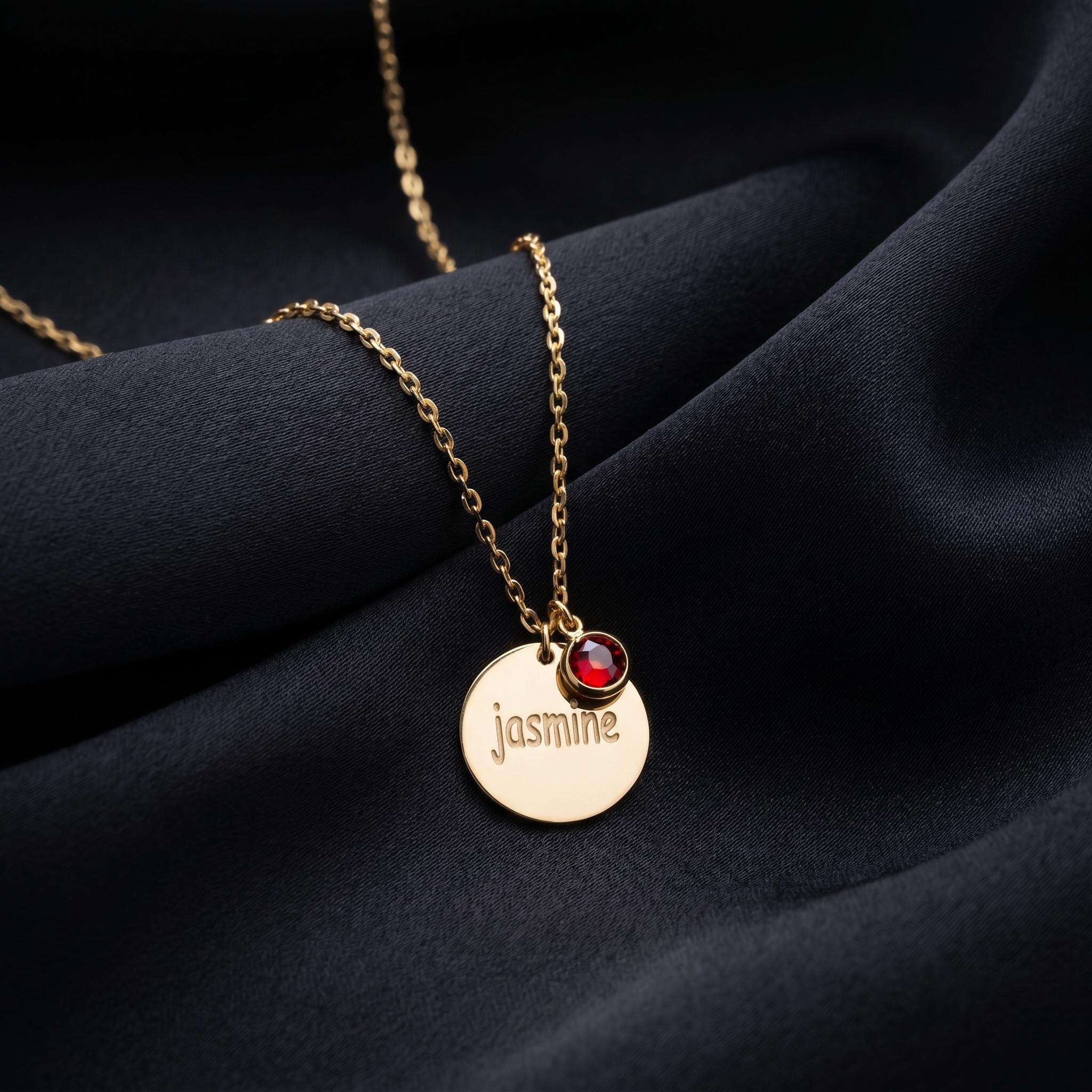 Personalized Name Birthstone Necklace, Custom Round Disc Pendant, Dainty Engraved Name Charm Jewelry, Meaningful Birthday Keepsake Gift