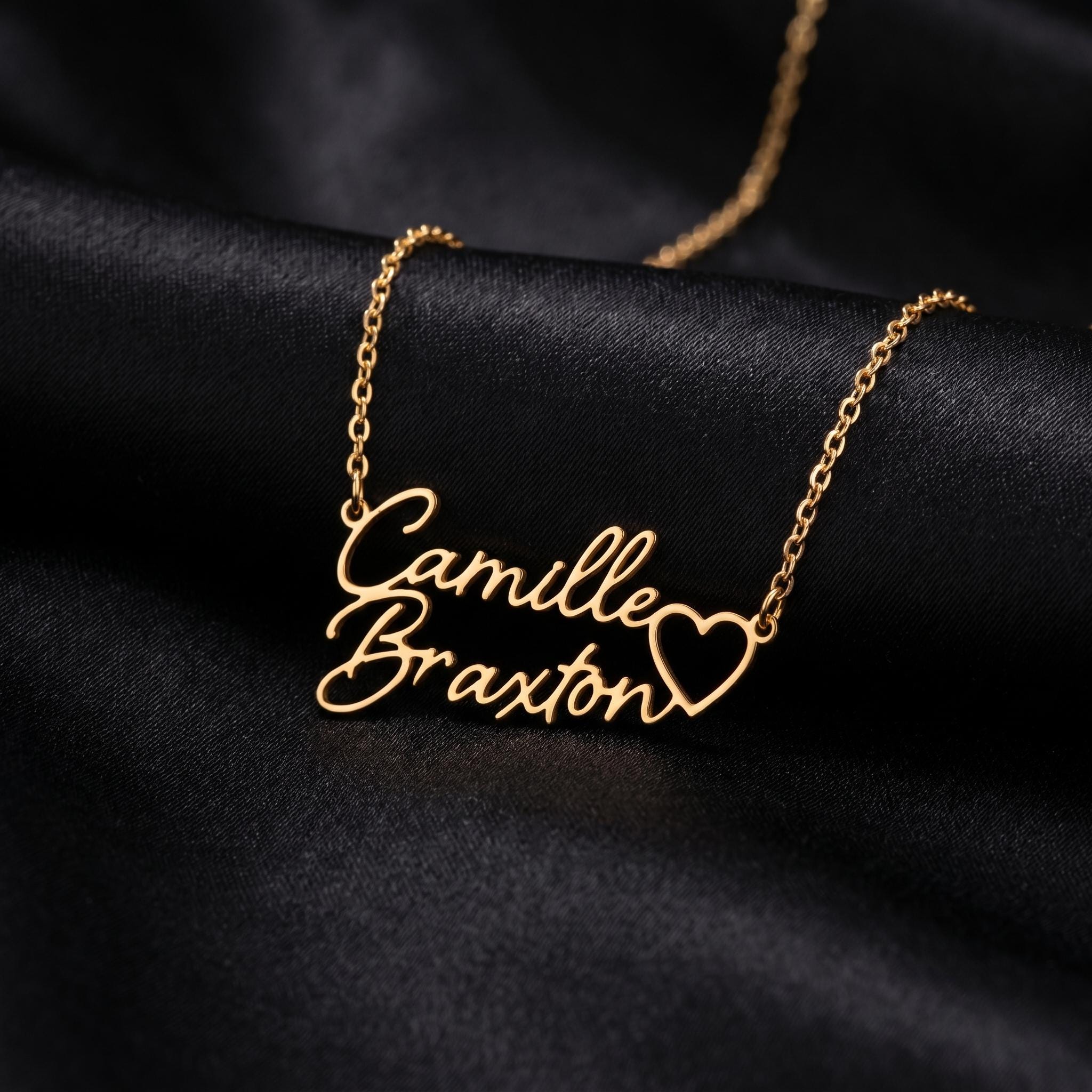 Personalized Double Name Necklace With Heart, Custom Two Name Necklace, Dainty Gold Nameplate Jewelry, Anniversary Gift For Her Women