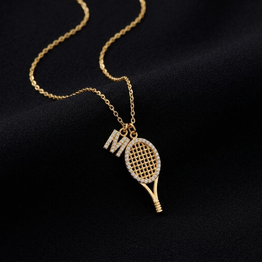 Personalized Tennis Racket Necklace With Initial Charm, Custom Tennis Player Pendant, Dainty Gold Sports Jewelry, Gift For Her