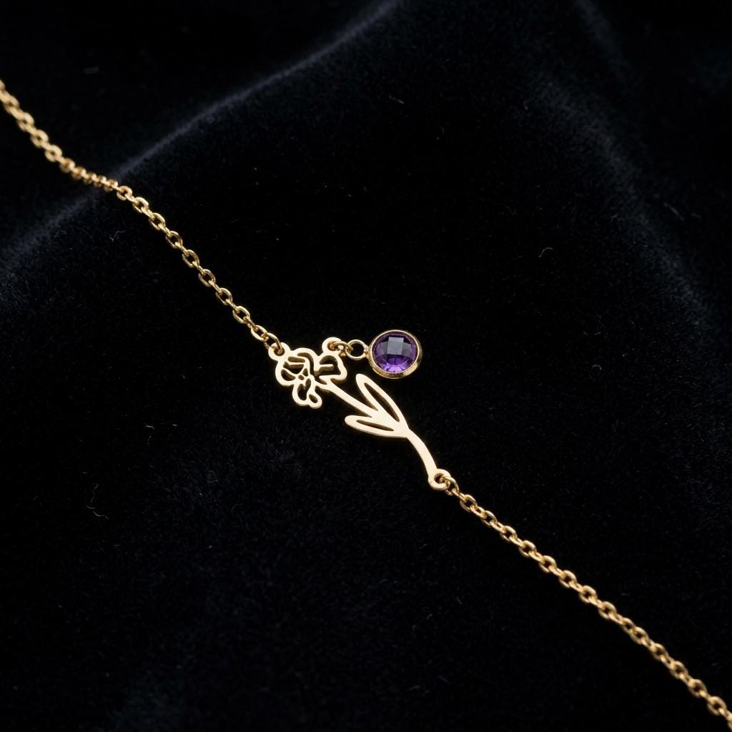 Personalized Birth Flower Bracelet, Custom Birthstone Bracelet, Dainty Floral Charm Jewelry, 925 Silver 14K Gold Plated Gift for Her