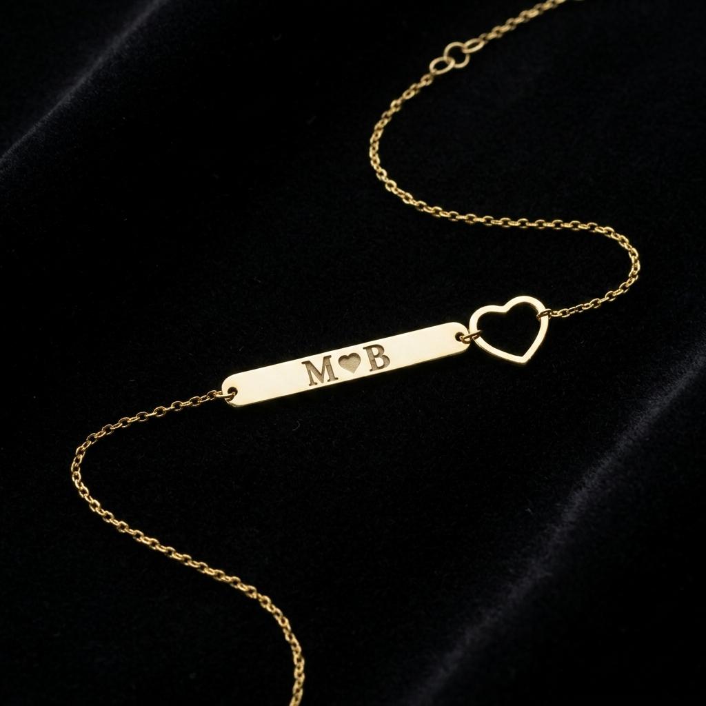 Personalized Initial Bracelet, Custom Couple Initial Bar Bracelet, Heart Charm Bracelet, 925 Silver 14K Gold Plated Gift for Women
