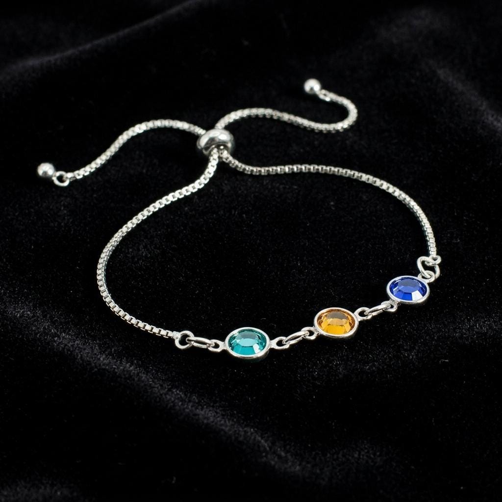 Personalized Birthstone Bracelet, Custom Multi Birthstone Bracelet, Adjustable Bolo Bracelet, Family Jewelry, 925 Silver Gift for Her