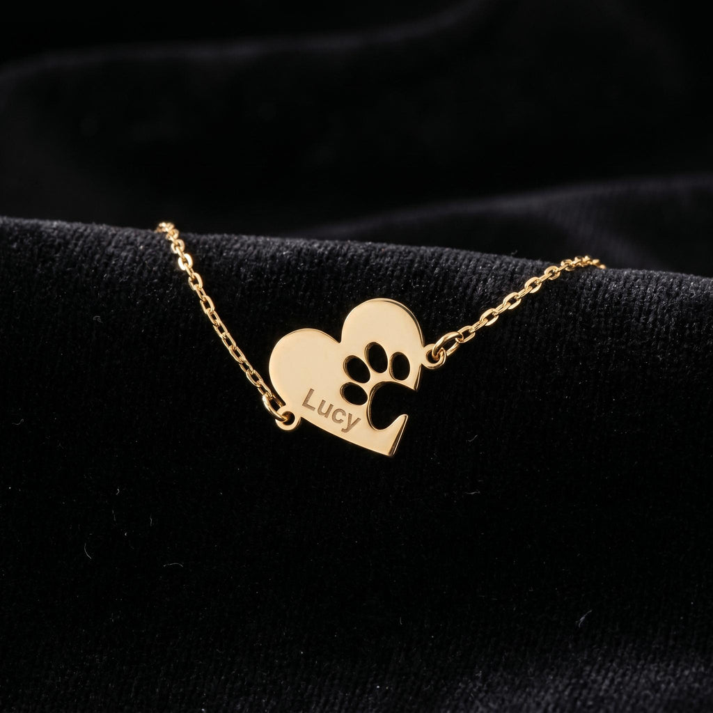 Personalized Pet Name Bracelet, Custom Dog Cat Name Bracelet, Paw Print Heart Charm Jewelry, 925 Silver 14K Gold Plated Gift for Her